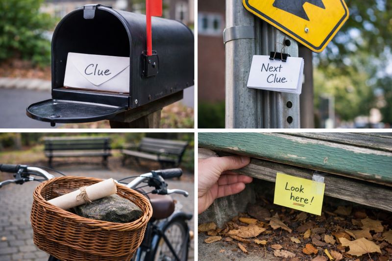 Landscape collage showing four realistic neighborhood scavenger hunt hiding spots: envelope inside a mailbox, clue clipped to a street sign pole, rolled paper in a bicycle basket, and sticky note hidden under a park bench.