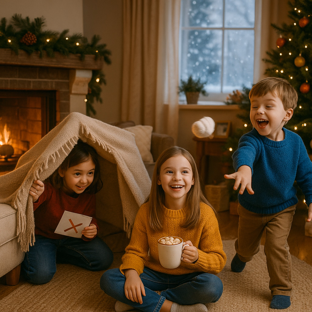Children playing cozy indoor winter games in a warm living room with a blanket fort, hot chocolate, and a soft snowball.