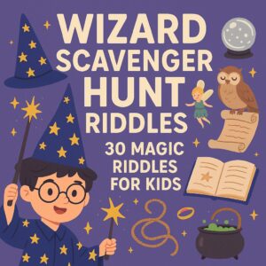 Illustration of a wizard-themed scavenger hunt title image with a child wizard, magic wand, spell book, cauldron, owl, crystal ball, and fairy, featuring the text “Wizard Scavenger Hunt Riddles – 30 Magic Riddles for Kids.”