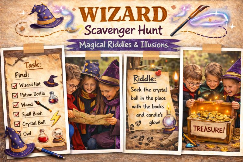 Landscape hero collage showing a wizard-themed scavenger hunt with children in wizard hats, magical clue list, spell book and crystal ball riddle, and glowing treasure chest finale in an enchanted outdoor setting
