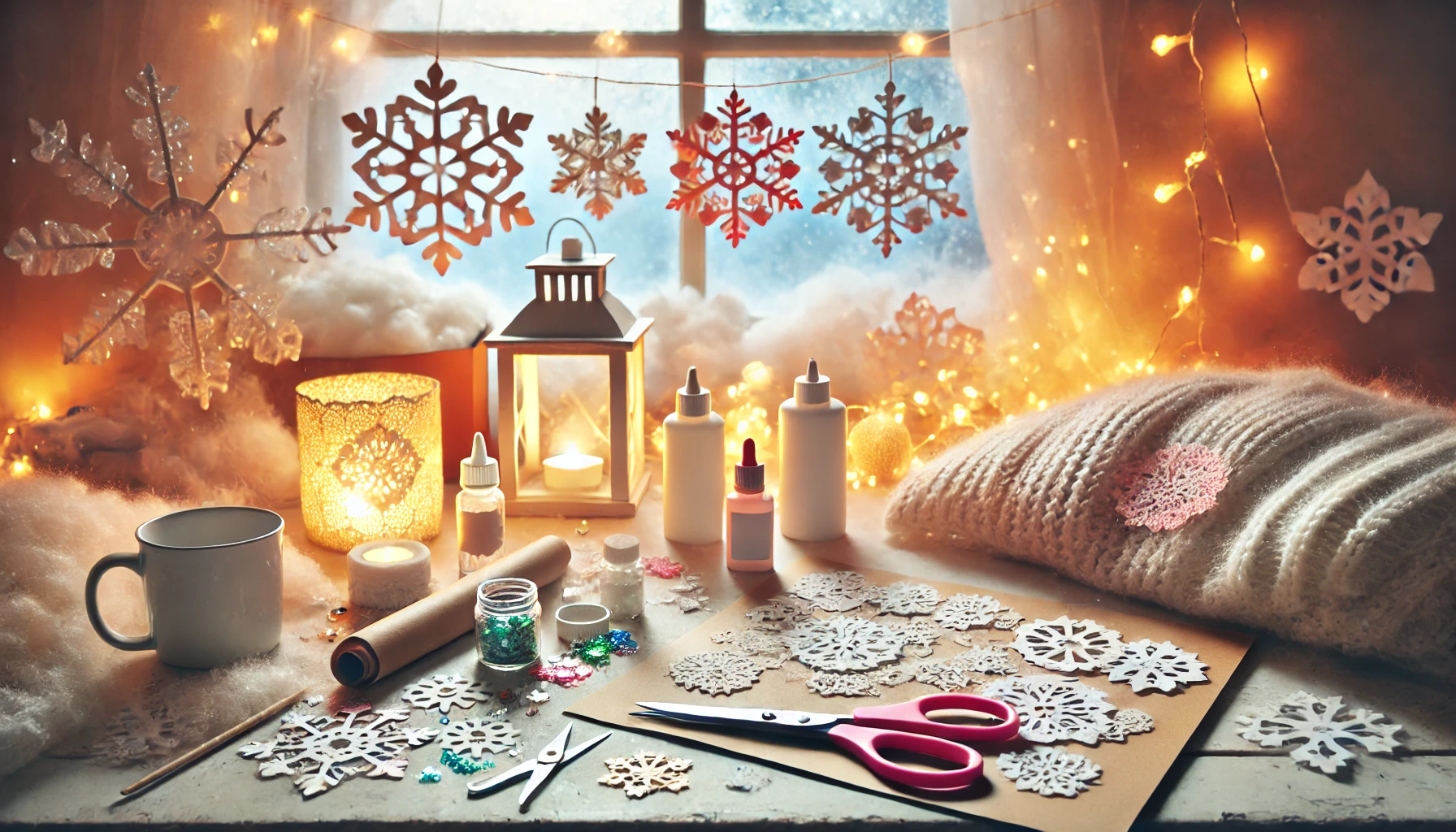 "Children crafting paper snowflakes at a winter table with scissors, glitter, and decorations"