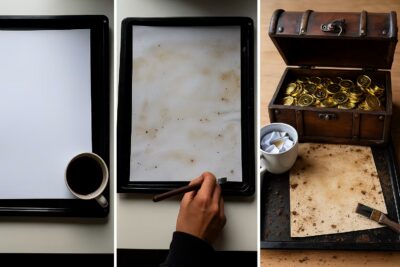 Kids painting a sheet of paper with coffee and dirt to create an old treasure map look — fun craft idea for scavenger hunts