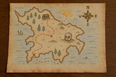 Drawing details onto a handmade treasure map — symbols, colors and decorations