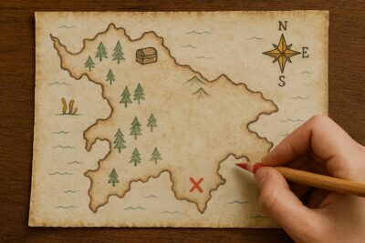Hand drawing a treasure route on aged paper — marking the X while creating the treasure map