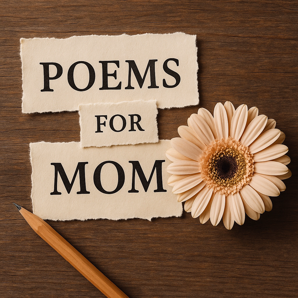 Poems for mom written on paper with flower and pencil on wooden backgroand