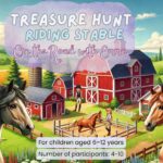 Horse-themed treasure hunt illustration for kids aged 6–12, showing a playful riding-stable scene with horses, children, and colorful stable decorations.