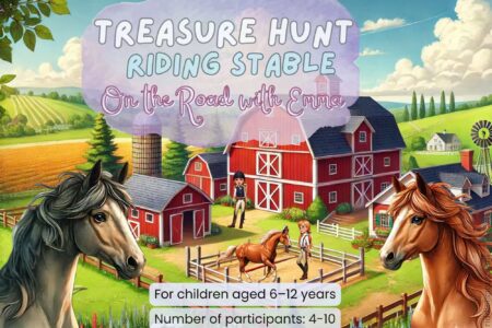 Horse-themed treasure hunt illustration for kids aged 6–12, showing a playful riding-stable scene with horses, children, and colorful stable decorations.
