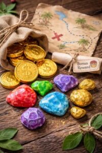 Homemade scavenger hunt treasure chest with gold chocolate coins, painted stones and DIY salt dough jewels on wooden table