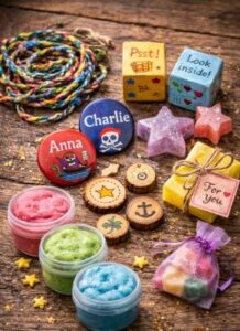 Handmade scavenger hunt treasure ideas including friendship bracelets, custom buttons, painted wooden cubes, playdough and scented soaps