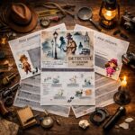 Detective scavenger hunt suspect board for kids with character cards and clues