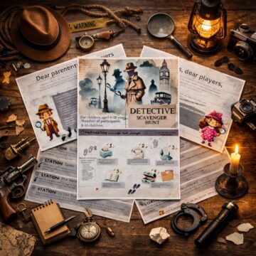 Detective scavenger hunt suspect board for kids with character cards and clues