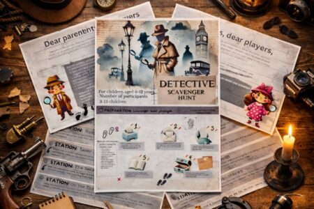 Detective scavenger hunt suspect board for kids with character cards and clues