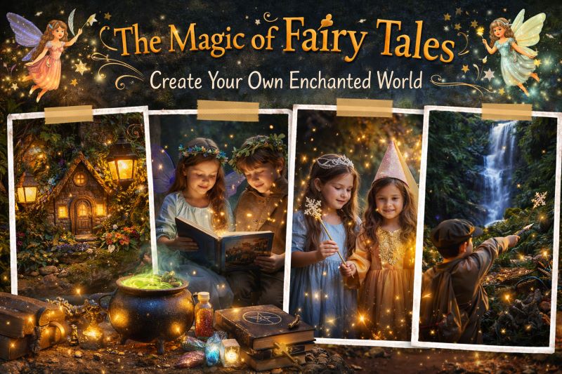 Landscape hero collage showing a fairy tale–themed scavenger hunt with children in princess and wizard costumes, magical props, glowing lanterns, storybook clues, and an enchanted forest setting
