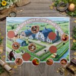 Printable horse stable adventure game board for kids scavenger hunt with farm and riding stable illustrations