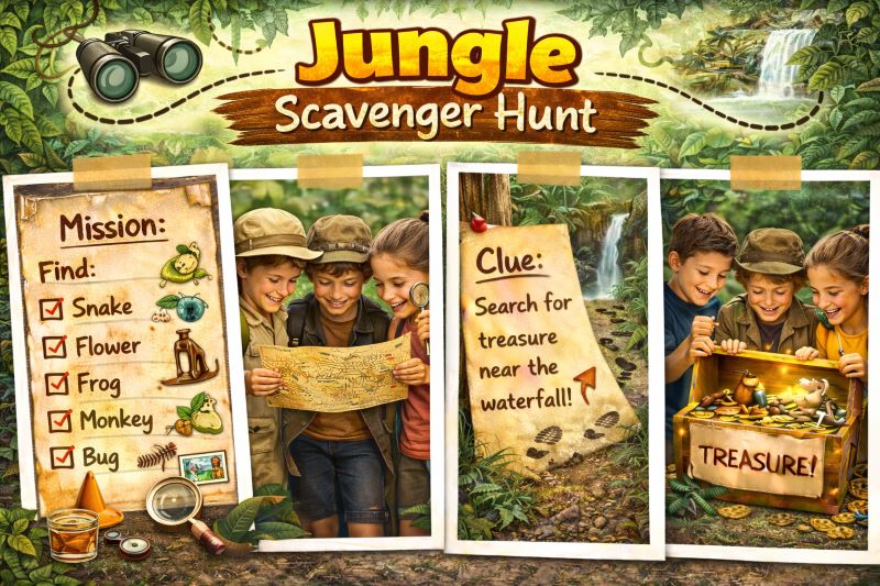 Landscape hero collage showing a jungle-themed scavenger hunt with children in explorer hats reading a treasure map, jungle animal checklist, waterfall clue scene, and treasure chest discovery in a lush rainforest setting