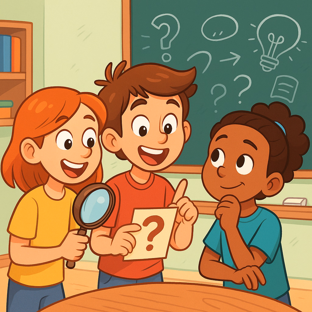 Kids solving fun What Am I riddles in a bright cartoon room with clues and question marks