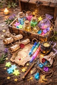 Magic themed treasure chest with fairy dust jars, glow in the dark stars, magic scroll, color changing pens and small spell charms