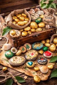 Wooden treasure chest filled with seashells, painted stones, wooden tokens and gold painted pebbles for kids scavenger hunt