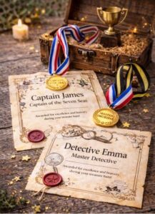 Treasure chest with personalized scavenger hunt certificates and gold medals for kids as end of party rewards