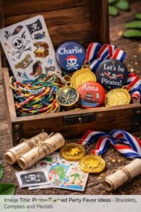 Open treasure chest filled with pirate party favors including medals, mini compass, friendship bracelets and tattoo stickers for kids