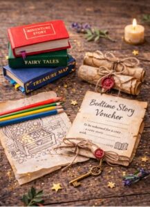 Mini books, rolled story scrolls, coloring page and bedtime story voucher as calm scavenger hunt treasure ideas for kids