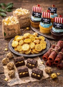 Pirate themed scavenger hunt treats including chocolate gold coins, mini treasure chest chocolates, cupcakes and popcorn bags