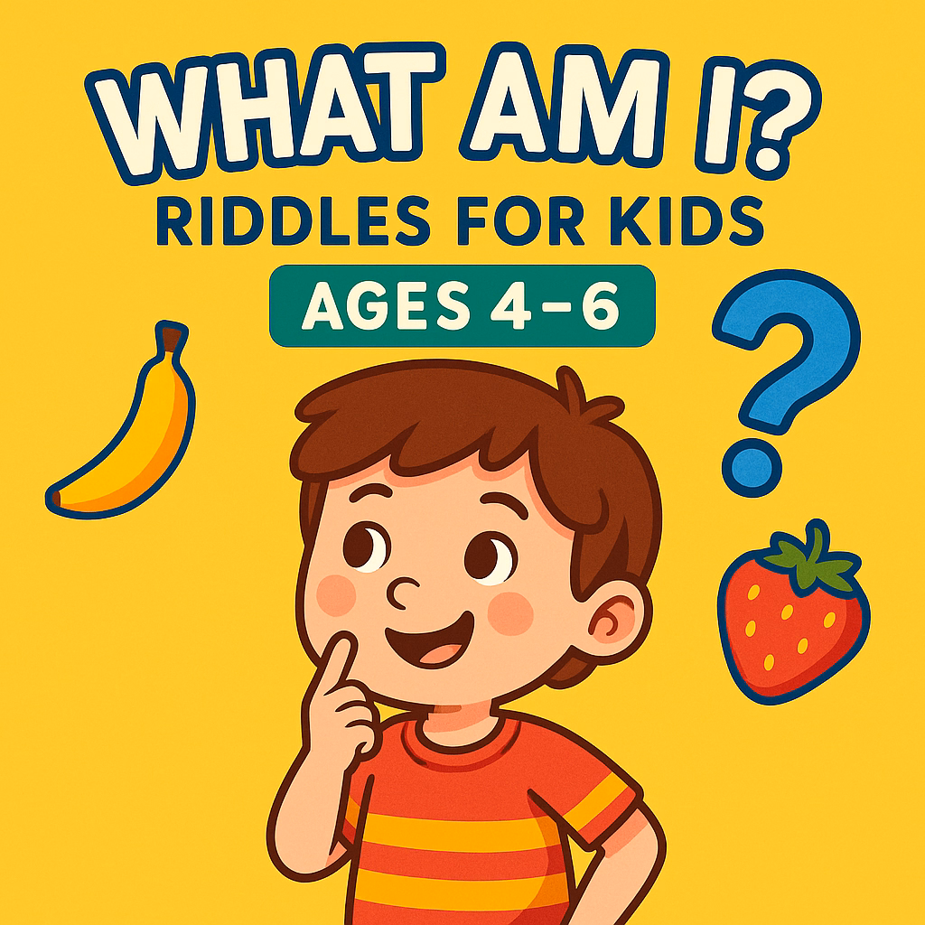 Cartoon boy thinking with banana, strawberry and question mark symbols for What Am I riddles ages 4 to 6