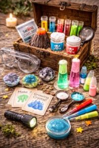 Open treasure chest filled with STEM scavenger hunt treasures including mini volcano kit, crystal growing set, glow paint, flashlight and experiment cards
