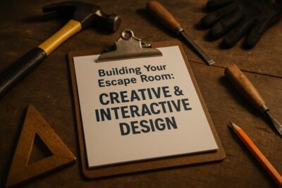 Realistic woodworking setup showing tools, clipboard, and design materials used to build a creative and interactive DIY escape room