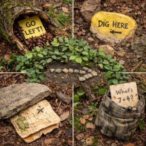 Camouflaged scavenger hunt clues hidden in forest with map, painted rock, and secret notes for kids outdoor adventure game