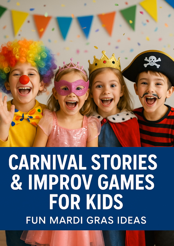 Children dressed in colorful Mardi Gras costumes laughing together, featuring a clown, princess, queen, and pirate during a fun Carnival celebration