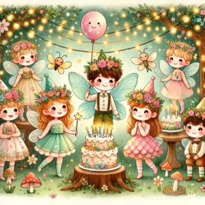 Verspielte Illustration eines Feen-Kindergeburtstags mit fröhlichen Kindern als kleine Feen, einer Feen-Geburtstagstorte, schimmernden Dekorationen und einer märchenhaften Waldlandschaft mit Schmetterlingen und leuchtenden Pilzen.