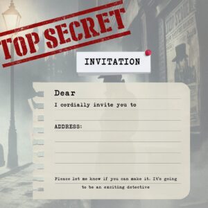 Top secret detective-themed kids’ birthday invitation with vintage file design and mystery street background