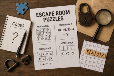 Realistic tabletop scene with escape room riddles, codes, puzzles, magnifying glass, vintage padlock, and clue notebook representing core escape room tasks