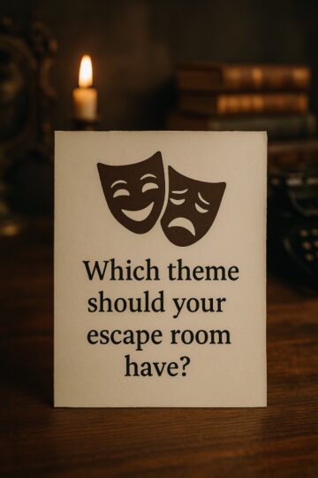Realistic photo of a themed escape room sign on a wooden table, showing comedy and tragedy masks with the text “Which theme should your escape room have?” in a cozy, cinematic atmosphere