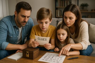 Family of four solving escape room puzzles together, reading clues and decoding symbols at the table in a realistic home setting