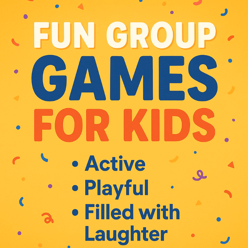 Fun group games for kids – colorful title image with playful confetti, highlighting active and laughter-filled children’s activities