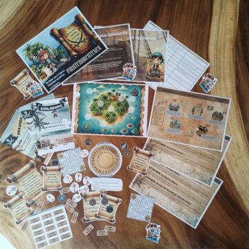 Pirate-themed party invitation with treasure chest, beach scene, palm trees and fill-in fields, illustration from our Pirate Scavenger Hunt