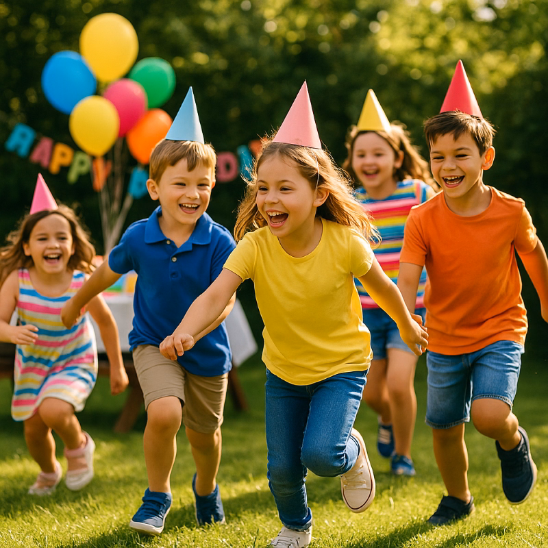 Outdoor birthday party for kids with children playing fun outdoor games in a sunny backyard setting