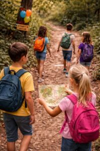 Group of children seen from behind walking on a forest trail during a scavenger hunt while one child holds a treasure map with a marked route