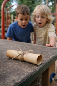Children discovering a hidden message at a playground during a fun scavenger hunt