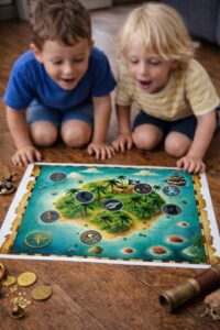 Children kneeling on the floor and studying a pirate treasure map for a scavenger hunt