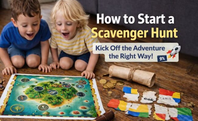 Two children excitedly starting a scavenger hunt at home with a treasure map, coins, and puzzle clues on the floor