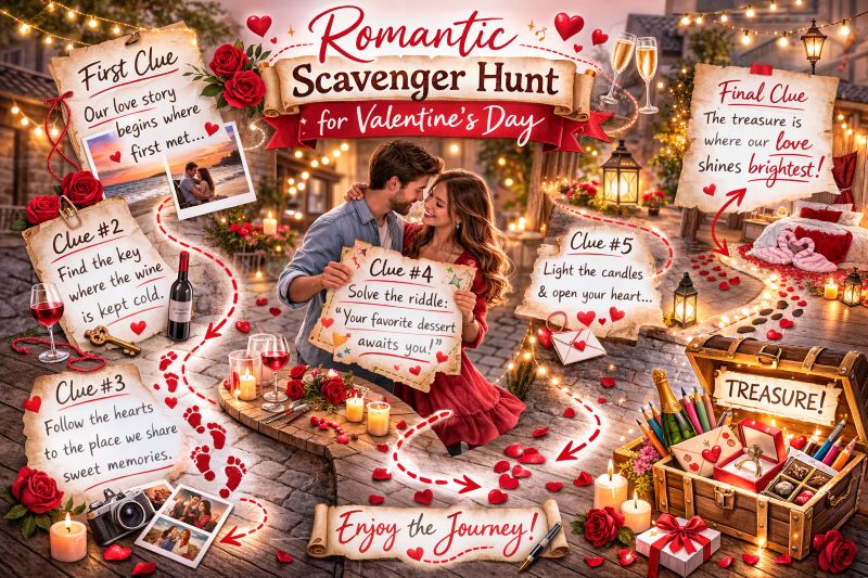 Landscape hero collage showing a romantic Valentine’s Day scavenger hunt for adults with candlelit setting, love note clues, rose petals path, couple reading a treasure map, and final treasure chest with wine, chocolates, and heartfelt gifts