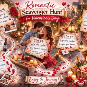 Landscape hero collage showing a romantic Valentine’s Day scavenger hunt for adults with candlelit setting, love note clues, rose petals path, couple reading a treasure map, and final treasure chest with wine, chocolates, and heartfelt gifts