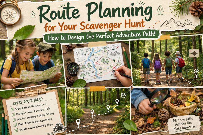 Landscape collage showing kids planning a scavenger hunt route with maps, forest paths, nature items, and outdoor exploration scenes in bright natural daylight