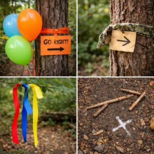 Colorful and camouflaged scavenger hunt markers on trees and ground with balloons, ribbons, and stick arrows for kids treasure hunt trail