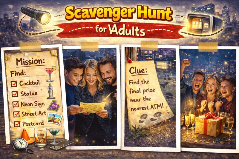 Landscape hero collage showing an adult scavenger hunt with friends studying a clue card, city map and cocktail checklist, nighttime urban setting, and final prize reveal with drinks and celebration atmosphere