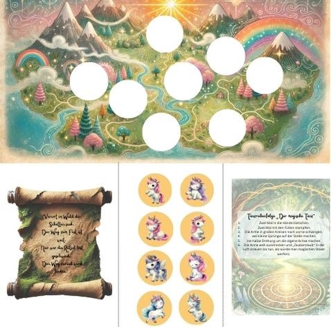Magical unicorn-themed scavenger hunt for children featuring a treasure map, rainbow landscape, cute unicorn characters, and playful puzzle elements