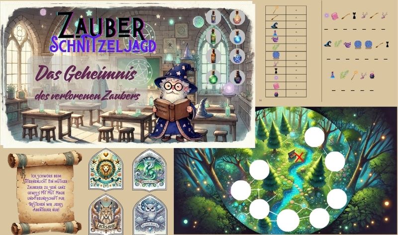 Magical scavenger hunt for kids with riddles, potion bottles, a colorful treasure map, and whimsical classroom decorations for an enchanted adventure